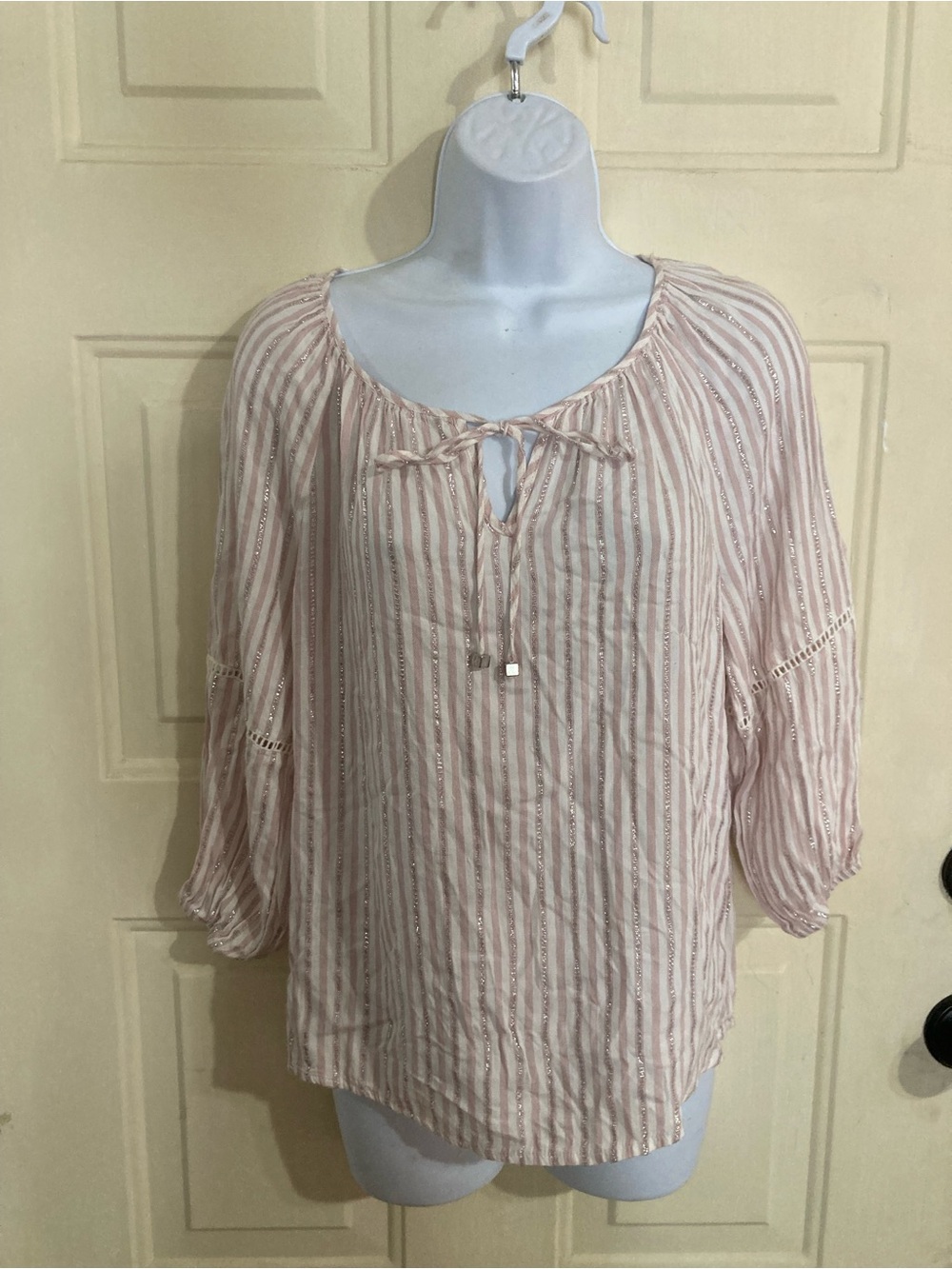 Adrienne Vittadini Blush Striped Tie-Front Peasant Blouse